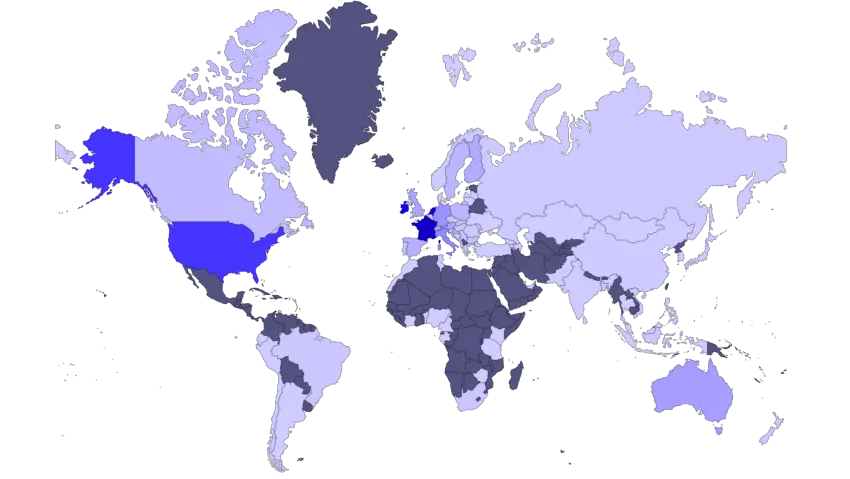 Mappa tad-dinja fejn kull pajjiż huwa kkulurit skont kemm jiġu skenjati E-Labels minnu